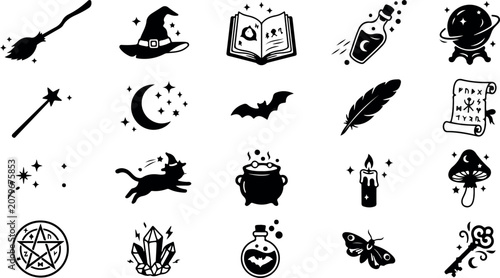 Magical witchcraft symbols and icons for halloween decor and design
