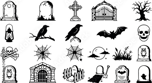 Halloween themed black and white clipart set including tombstones spooky creatures and eerie symbols for decoration or design