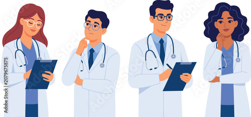 Foto Set of Diverse Doctors and Medical Staff Characters Thinking, Writing on Clipboa