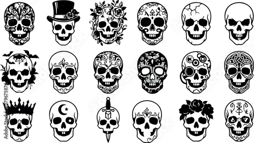 Collection of 15 unique black and white skull illustrations with various decorative designs and patterns for tattoo or graphic use