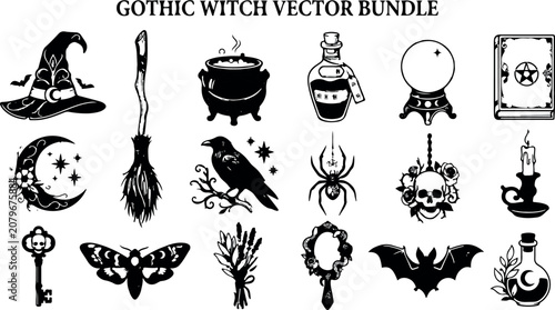 Gothic witch vector bundle mystical illustrations for halloween occult designs and spooky themed projects