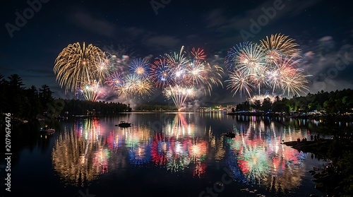 Vibrant fireworks display over a serene lake at night with colorful reflections