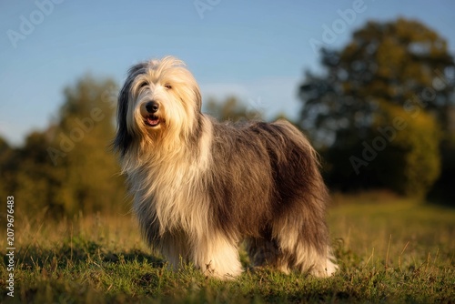 Outdoor full-length portrait of a 5-year-old Bearded Collie with wiry coat in a grassy field