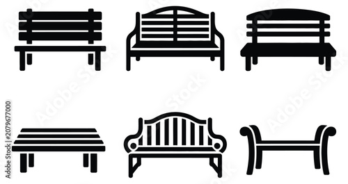 Schilderij op canvas Black and White Park Bench Icons Outdoor Seating, Public Rest Areas, Urban Furni