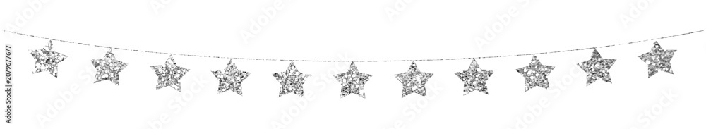 Fototapeta premium Christmas garland with silver glitter stars on a transparent background. New Year's decoration.
