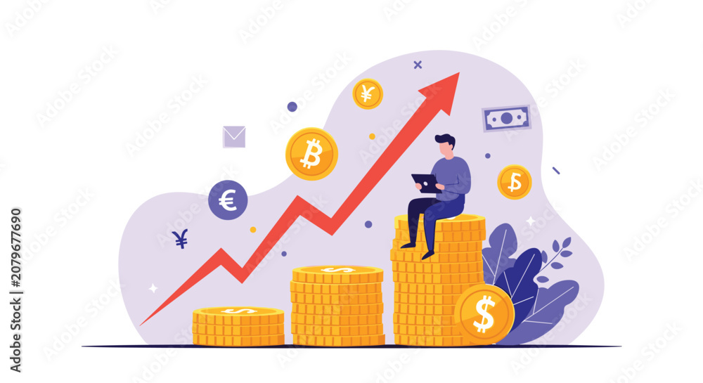 Naklejka premium Businessman working on laptop while sitting on top of a tall stack of gold coins with a rising red arrow representing growth.