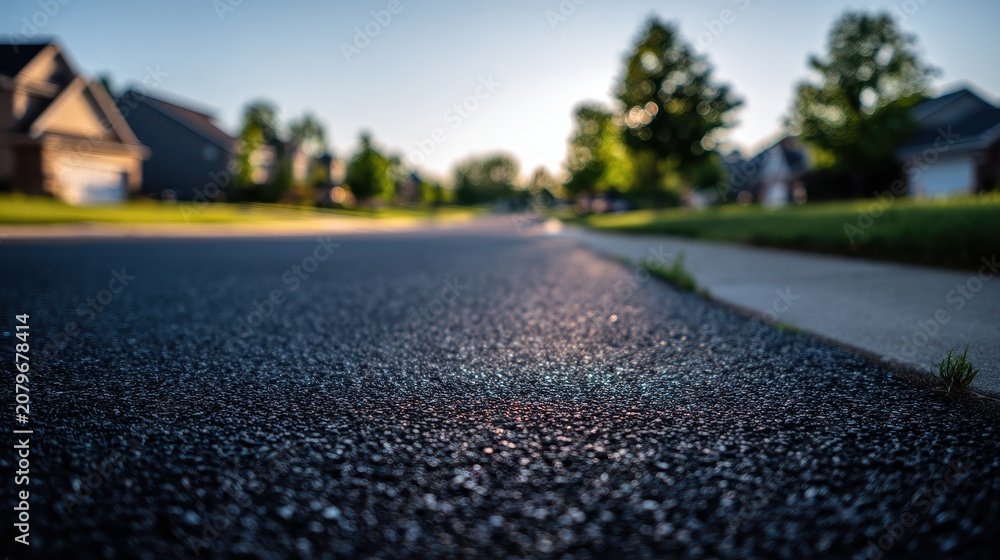 Fototapeta premium Urban street surface texture: new asphalt layer on concrete base, low perspective and soft background