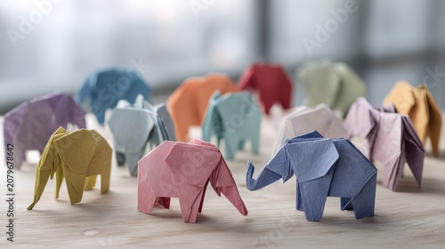 Pastel paper elephants arrangement, soft daylight still life
