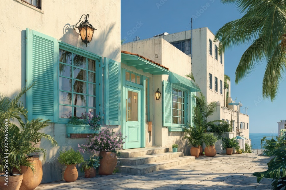 Fototapeta premium Open shutters and glass entrance on a beachside residence with tropical landscaping and pastel tones