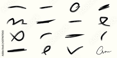 A collection of hand drawn black ink brush strokes including lines circles checks and grunge elements for design