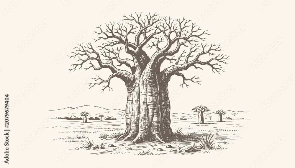 Fototapeta premium Vintage Baobab Tree Vector Illustration with African Savanna Landscape, Ancient Gnarled Trunk, Distant Trees, and Desert Mountains in Retro Hand Drawn Engraving Sketch Style