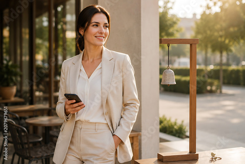 Confident businesswoman in beige suit holding smartphone outdoors near cafe tables