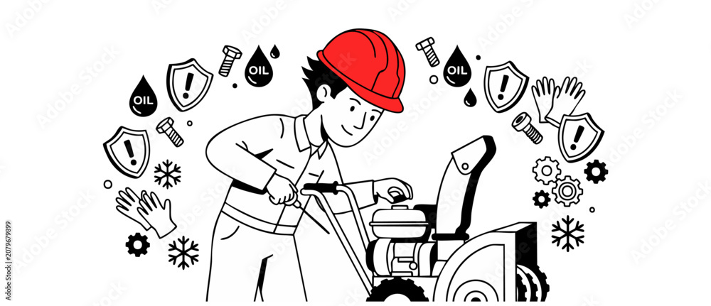 Obraz premium Snowblower maintenance mechanic repairing machine with red hard hat line art illustration for winter snow thrower service engine checkup technical safety concept design isolated on white background