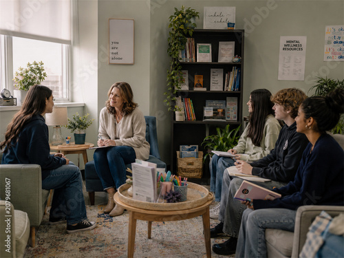 Diverse students sharing thoughts during supportive group counseling session with therapist in cozy campus wellness room for mental health community care peer support and inclusive school wellbeing