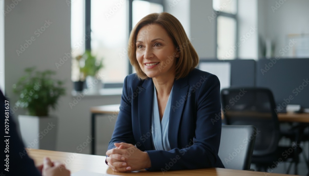 Obraz premium Smiling businesswoman in a blue suit engaging in a conversation during a meeting in a modern office setting