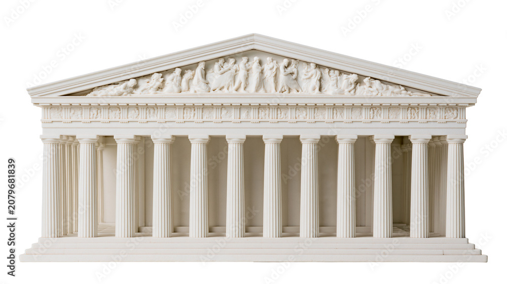 Fototapeta premium White marble ancient Greek temple facade with columns and frieze, isolated on transparent background