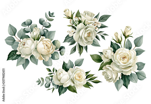 White roses and eucalyptus botanical floral bundle on transparent