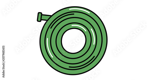Green coiled garden hose on white background