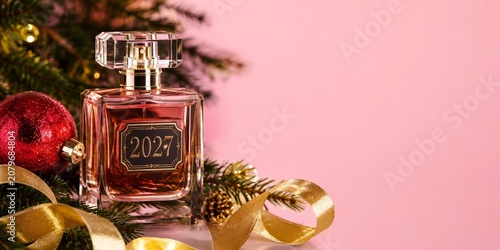 2027 Christmas and New Year copy space banner for fragrance retailers, cosmetics brands and holiday sale campaigns with perfume bottle, ornament, pine branch, gold ribbon, pink background and space