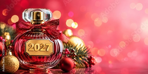 2027 Christmas and New Year copy space banner for beauty brands, fragrance retailers and luxury gift ads with red perfume bottle, gold 2027 label, ribbon bow, ornaments, pine and soft pink bokeh