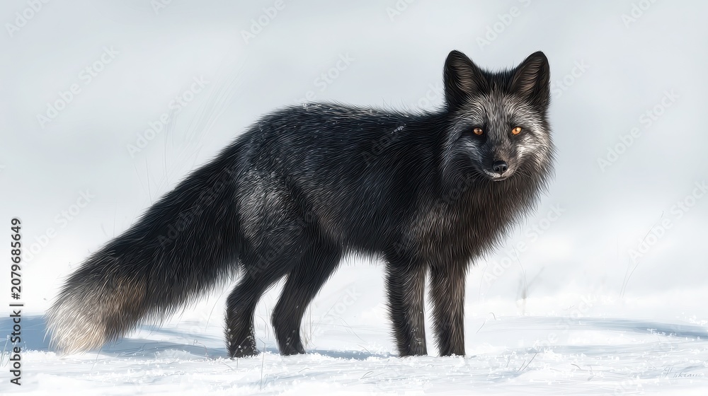 Fototapeta premium Winter portrait of a dark-furred silver fox in a snowy landscape, centered against a white backdrop