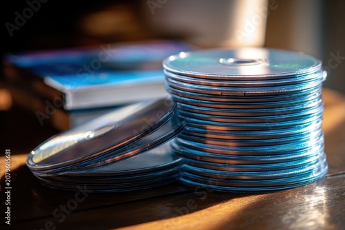 Minimalist still life of blu-ray discs arranged on a wooden desk