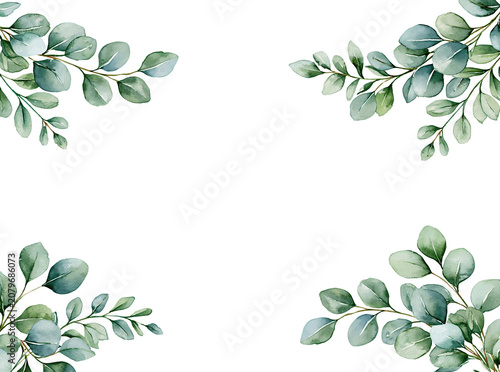 Eucalyptus leaves floral corner frame set, transparent PNG