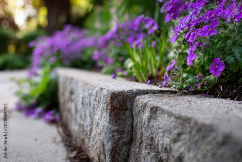 Textured concrete wall beside a flowerbed of vivid purple flowers