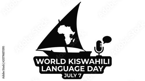 Fotografie Sailing ship silhouette with africa map and microphone white background