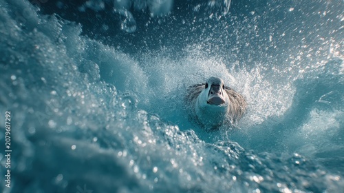 King eider duck diving underwater in icy fjord with dynamic motion, cool turquoise tones, and filtered daylight creating a vibrant marine habitat scene