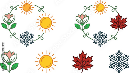 Seasonal and weather set featuring sun, flower, maple leaf, and snowflake symbols arranged in circular frames on white background