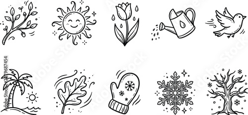 Hand drawn doodle style representing seasonal changes, nature, weather, and clothing on a clean white background