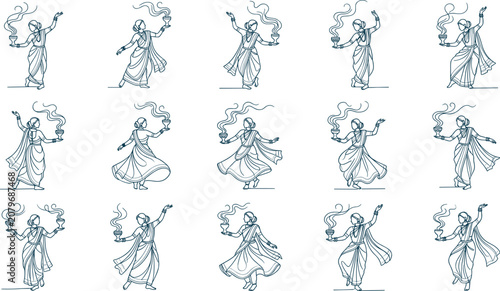 Set of blue line depicting indian women in traditional sarees dancing with incense burners on white background