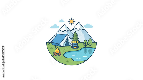 фотографія Camping beside crystal-clear mountain lake with tent and campfire