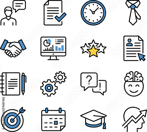 Set of business and office featuring symbols for communication, planning, time management, and growth on white background