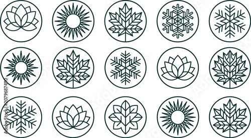 Set of circular linear featuring lotus flowers, suns, maple leaves, and snowflakes representing nature and seasonal themes