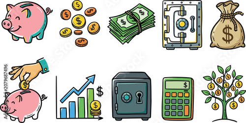 Set of financial and banking including piggy bank, coins, cash, safe, money bag, growth chart, calculator, and money tree plant