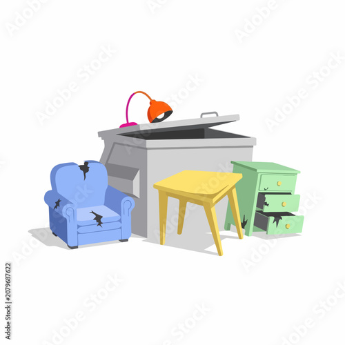 Broken furniture discarded next to a dumpster. Waste disposal and bulky trash concept. Flat design vector illustration isolated on white background