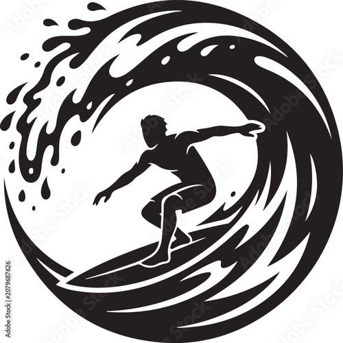 Surfer Riding Giant Ocean Wave Silhouette Vector Illustration