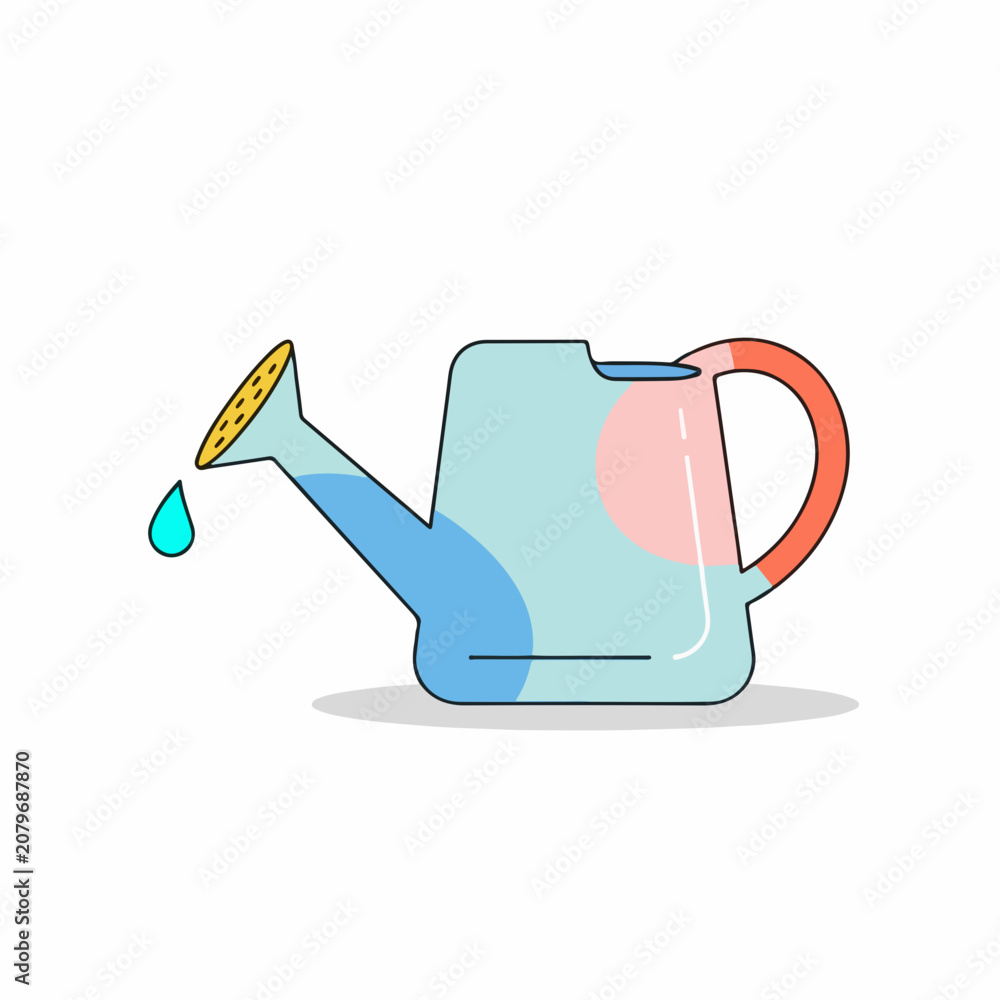 Obraz premium Modern watering can with water droplet. Line art vector illustration. Stylized garden watering pot isolated on white background