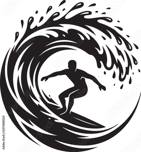 Surfer Riding Giant Ocean Wave Silhouette Vector Illustration