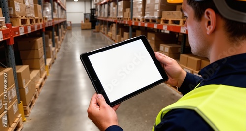 Warehouse worker using tablet with blank screen for inventory management and order fulfillment
