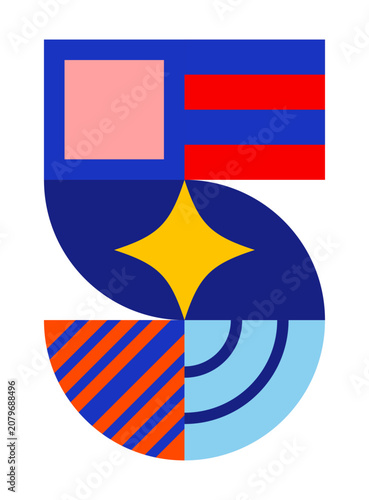 Number, numeral 5, five with abstract geometric pattern illustration isolated. Holiday typography, vintage, retro design element. Decorative shapes, tiles on grid. Vector clip art on transparent