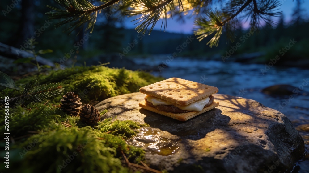Obraz premium A complete smore sits on a wet river stone with pine needle shadows, set against a flowing stream and a soft twilight sky on a summer vacation.