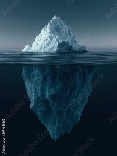 An iceberg stands in dark cold waters with only a small visible part above the surface while a larger section remains hidden beneath the water