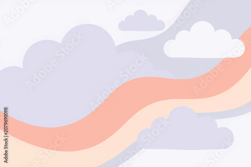 Soft Pastel Aesthetic Background with Wavy Peach Rainbow and Light Purple Clouds.