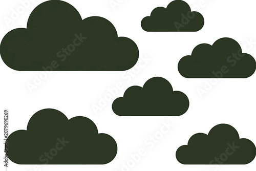 Minimalist Deep Olive Green Cloud Silhouettes Set on White Background.