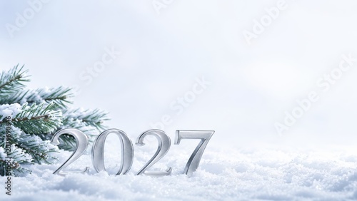 2027 Christmas and New Year copy space banner for winter wellness brands, calendar announcements and seasonal greeting cards with silver numbers, frosted fir branch, soft snow and white empty space