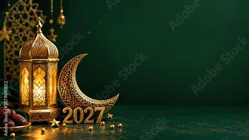 2027 Christmas and New Year copy space banner for Ramadan greetings, Islamic community events and Eid promotions with gold lantern, crescent moon, dates, star ornaments and deep green background