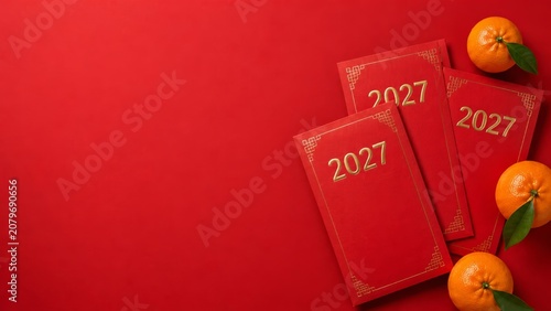 2027 Christmas and New Year copy space banner for Lunar New Year greetings, family prosperity wishes and Asian festival ads with red envelopes, gold numbers, mandarin oranges and bright red background